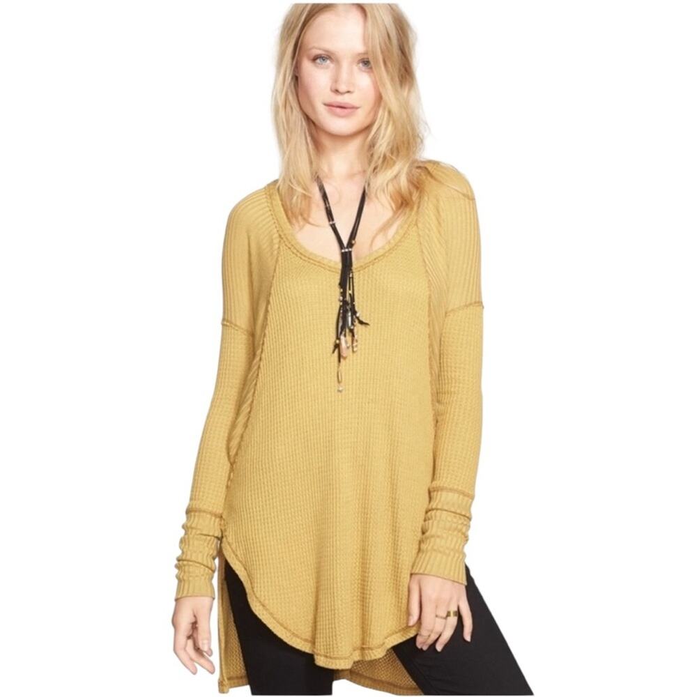 Free People Mustard Yellow Ventura Thermal Top MEDIUM Waffle Knit Long Sleeve